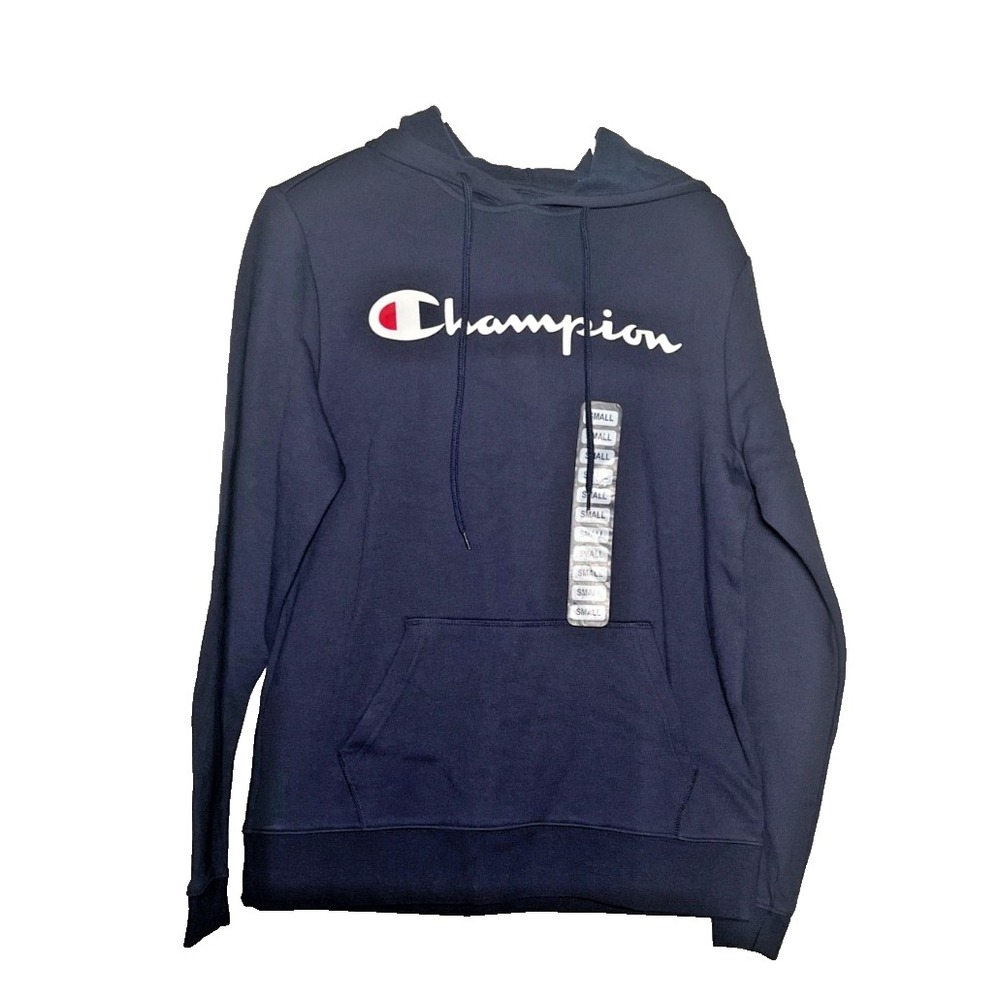 Champion Logo Hoodie Unisex Adult Small Navy Blue Fleece Front Pocket NEW‎